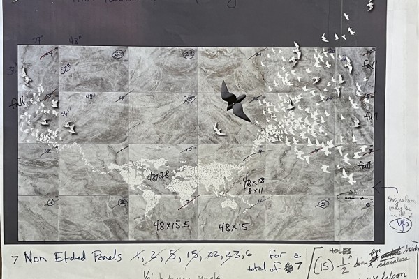 Another concept sketch. This one contains a number of handwritten measurements, the background is now delineated into 24 sections, and the circular murmuration has been replaced with a more linear one.