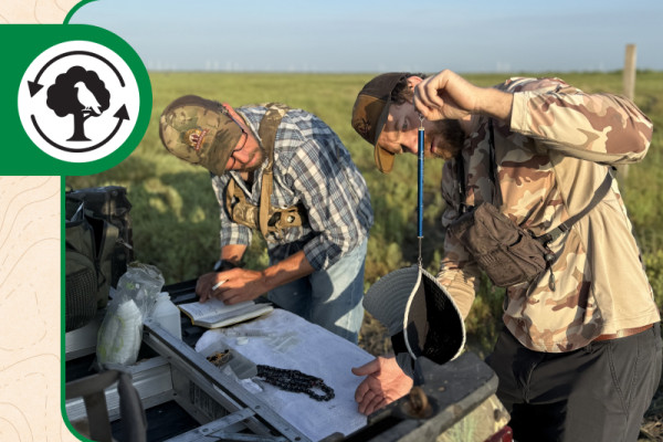 Vice President of Domestic Conservation Programs Paul Juergens and Conservation Field Biologist Tom Hudson collect data on an Aplomado Falcon nestling.