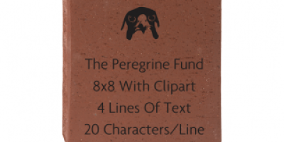 A square brick inscribed with the face of a Peregrine falcon and the words "The Peregrine Fund, 8x8 with clipart, 4 lines of text, 20 characters/line" in reference to the different options you have for customizing a sponsored brick.