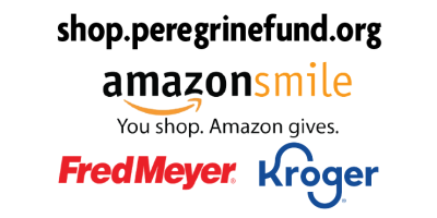 Web address for shop.peregrinefund.org and logos for AmazonSmile, FredMeyer, and Kroger