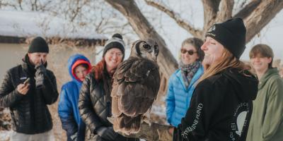 Snowy outdoor photo of Oliver the Owl, his trainer, and guests dressed warm