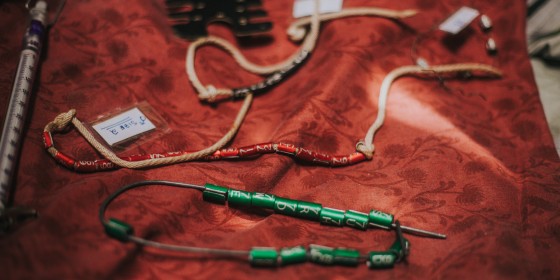 Banding tools and strings of red, green, and black bird bands lying on a red blanket