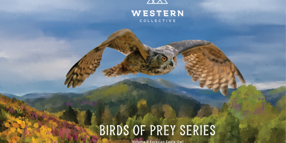 An illustration of a Eurasian Eagle Owl flying over a forested mountain landscape