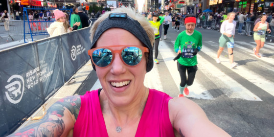 A selfie of Aimee Kessler taken in Times Square during a race.